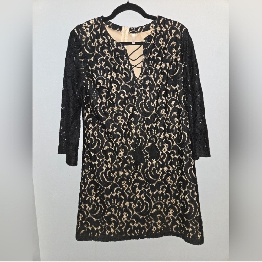 Black Lace Overlay Keyhole 3/4 Sleeve Dress | Women's Medium Whimsygoth Grunge - Picture 1 of 5
